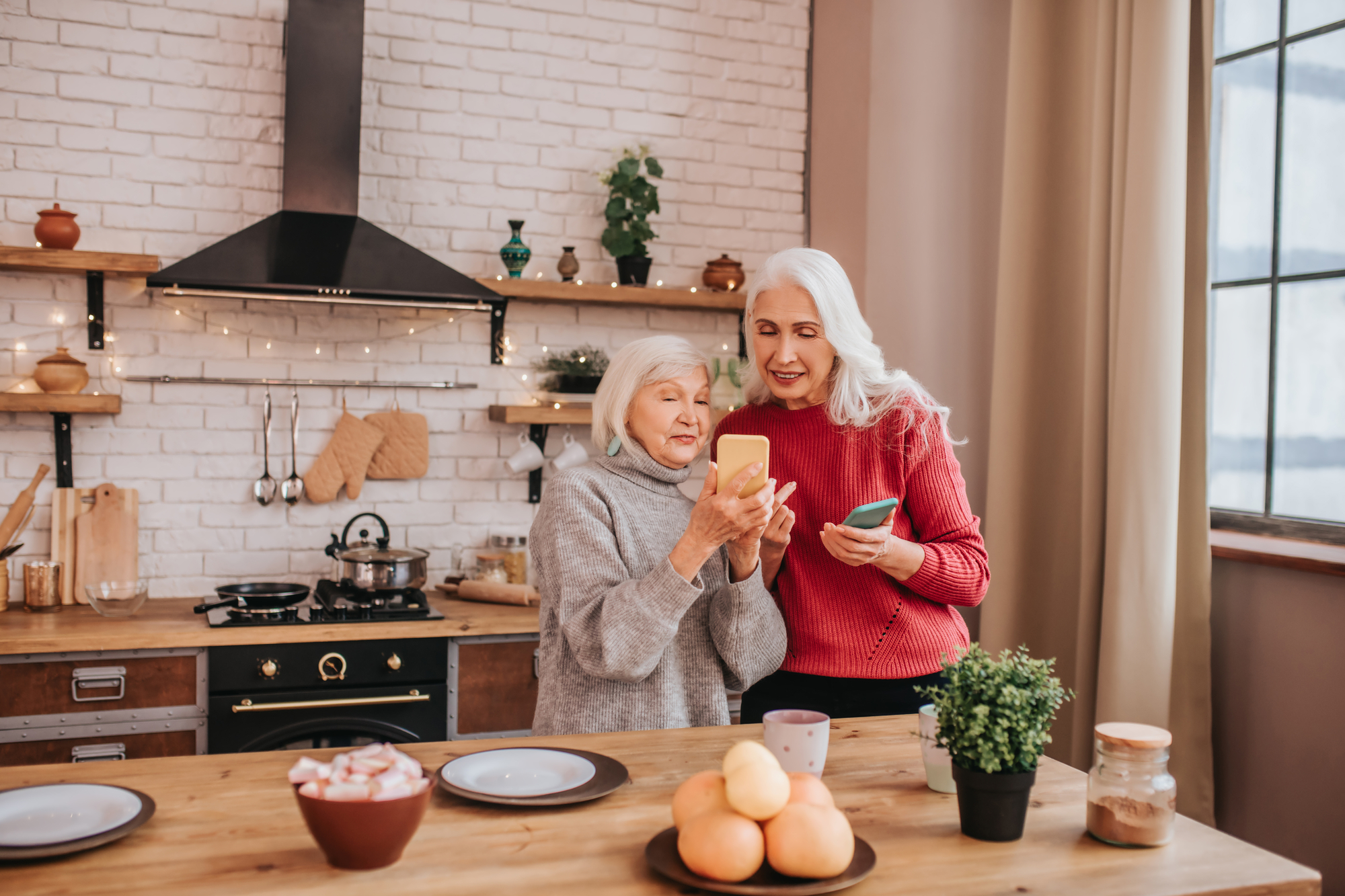 Two mature grey-haired positive ladies watching photos online